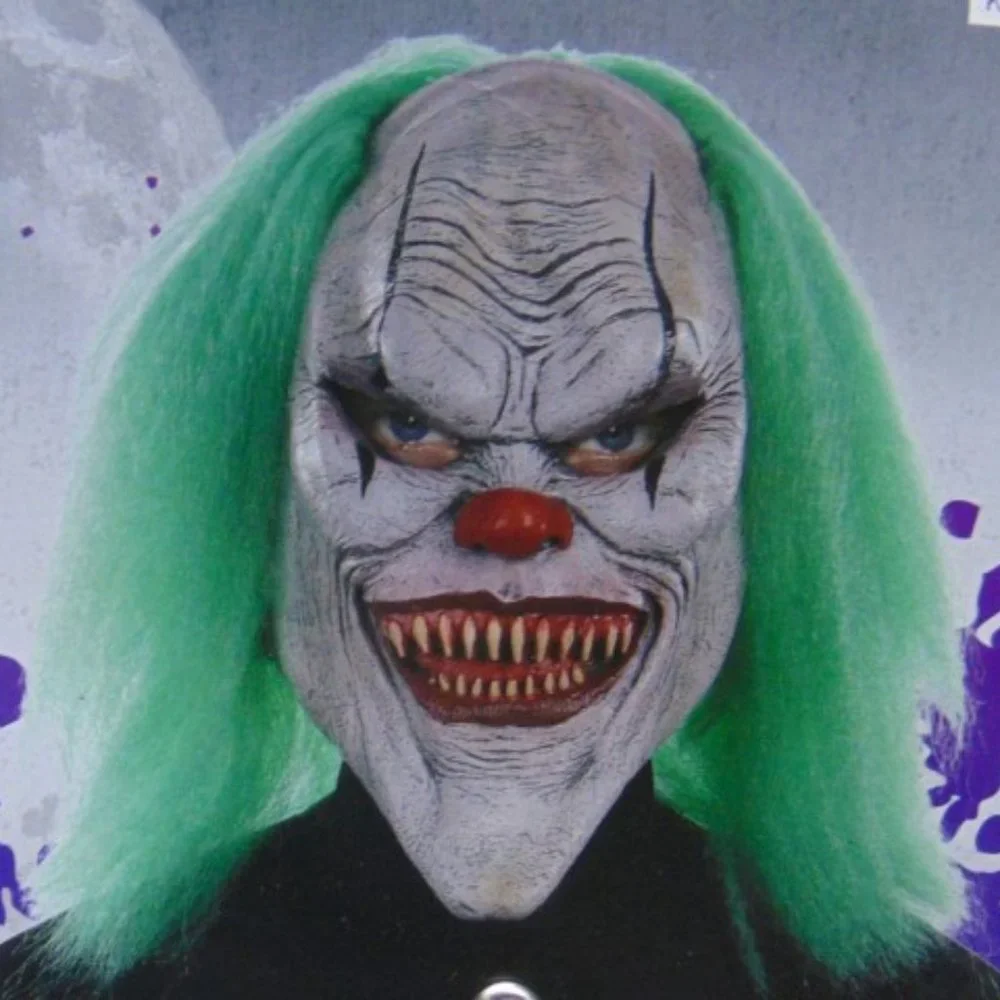 Evil Clown Halloween Mask & Wig Creepy Latex Green Hair Costume Accessory 14+